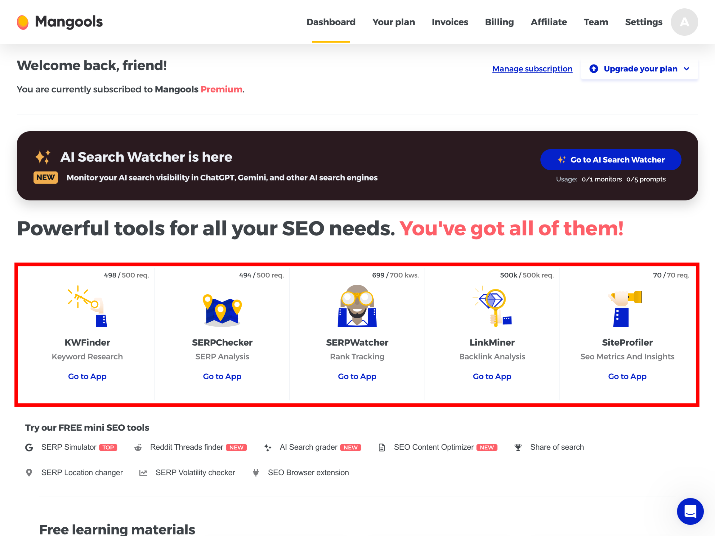 Mangools SEO suite dashboard showing five specialized tools including KWFinder keyword research interface